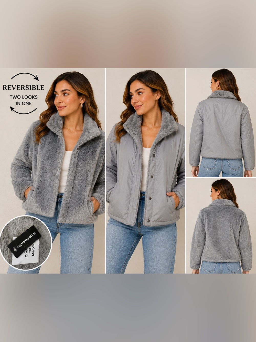 Reversible Gray Faux Fur Teddy Jacket Women’s Medium NWT